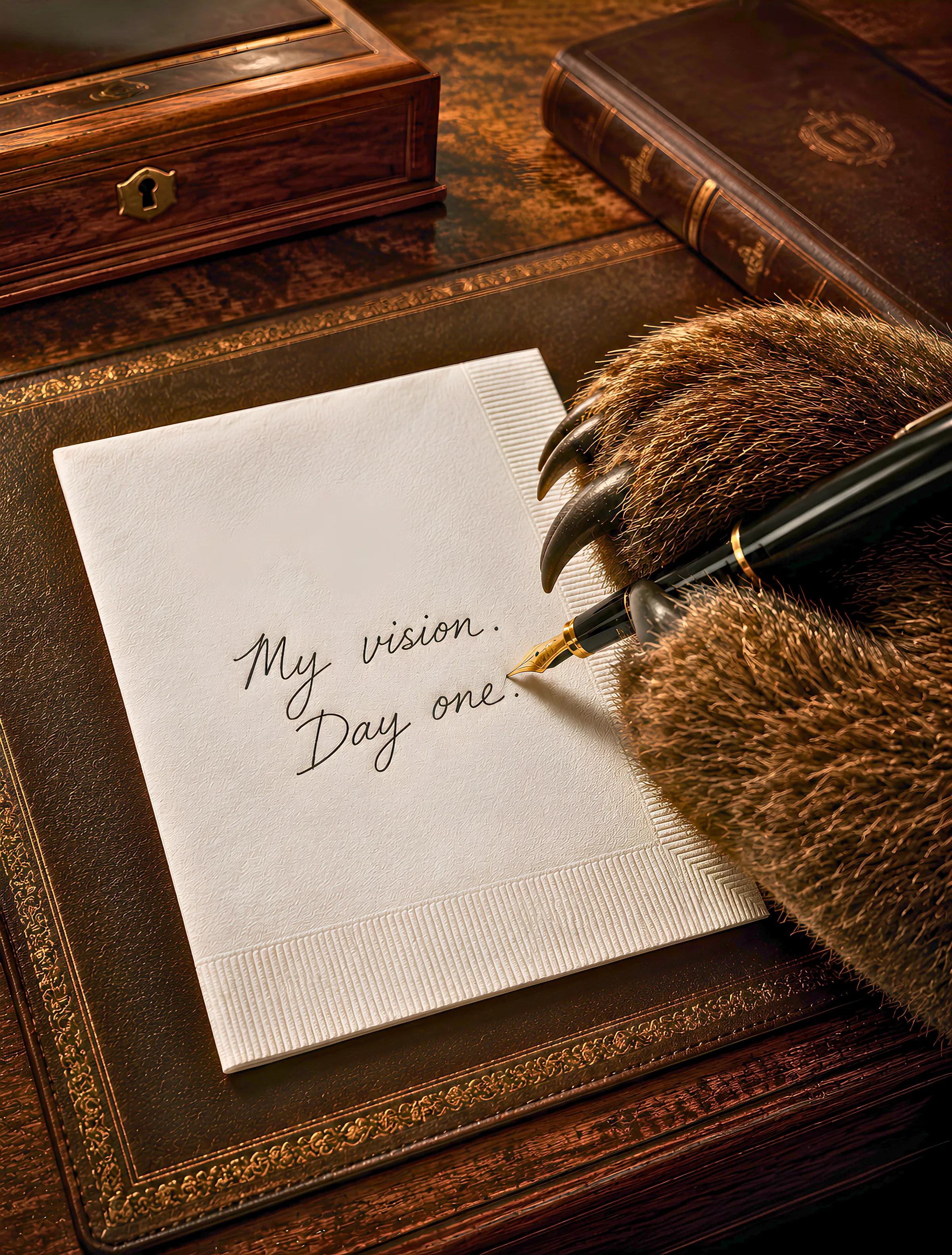 A bear's paw writing “My vision. Day one.” on a napkin